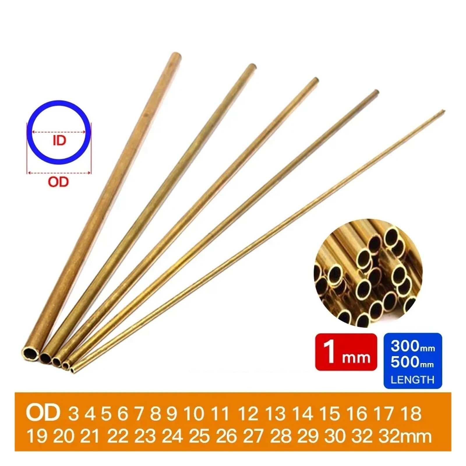 Tubo de cobre y latón, tubo 1mm espesor pared, longitud 300/500mm, recto, diámetro exterior, varilla modelado, corte DIY, 1 ud
