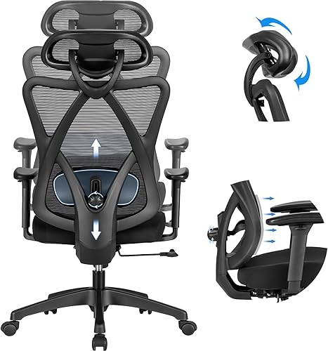Ergonomic High-Back Office Chair with Adjustable Lumbar Support, Mesh Desk Chair with Adjustable Headrest, Big and Tall Computer Chair with