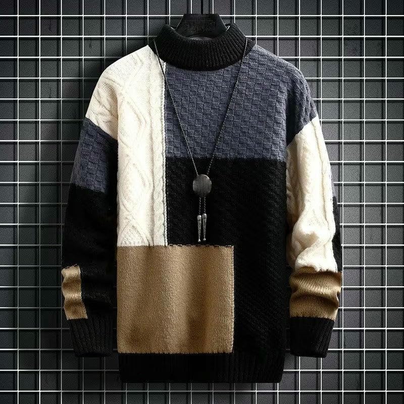 Pull patchwork homme automne hiver style coréen et japonais tendance col rond