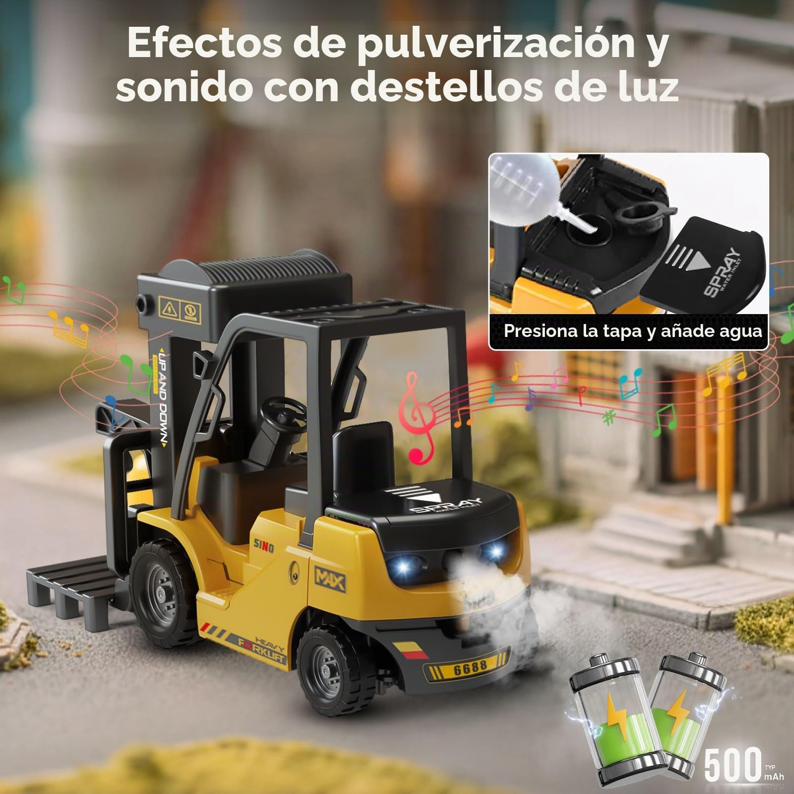 Carretilla elevadora teledirigida 1:24 con remolque, vapor, luces y sonidos, modo grúa, 2 baterías recargables USB, camión RC para niños a partir de 3 años, regalo divertido para cumpleaños o fiestas.