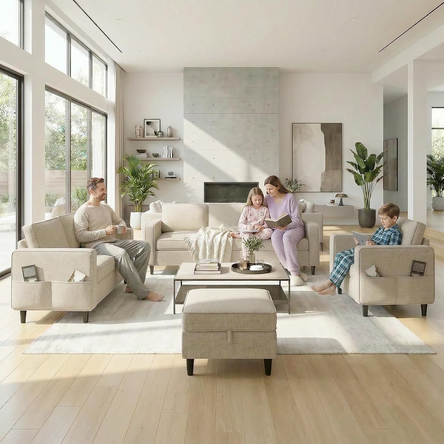 CECER 4 Piece Living Room Sectional Sofa Set with Ottoman and Side Pockets, Modern Linen 6 Seaters Couch Set ， 3-Seater Sofa & Love seat & Armchair Set for Living Room/Office/Apartment - Beige