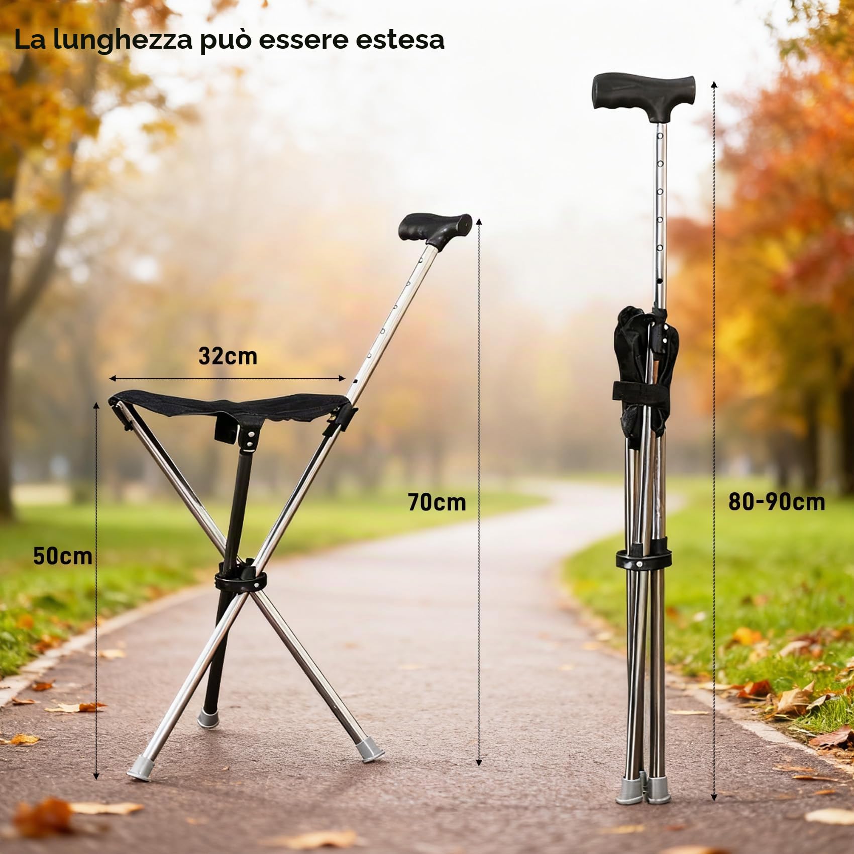 Bastone da passeggio pieghevole con funzione di seduta e base in silicone antiscivolo
