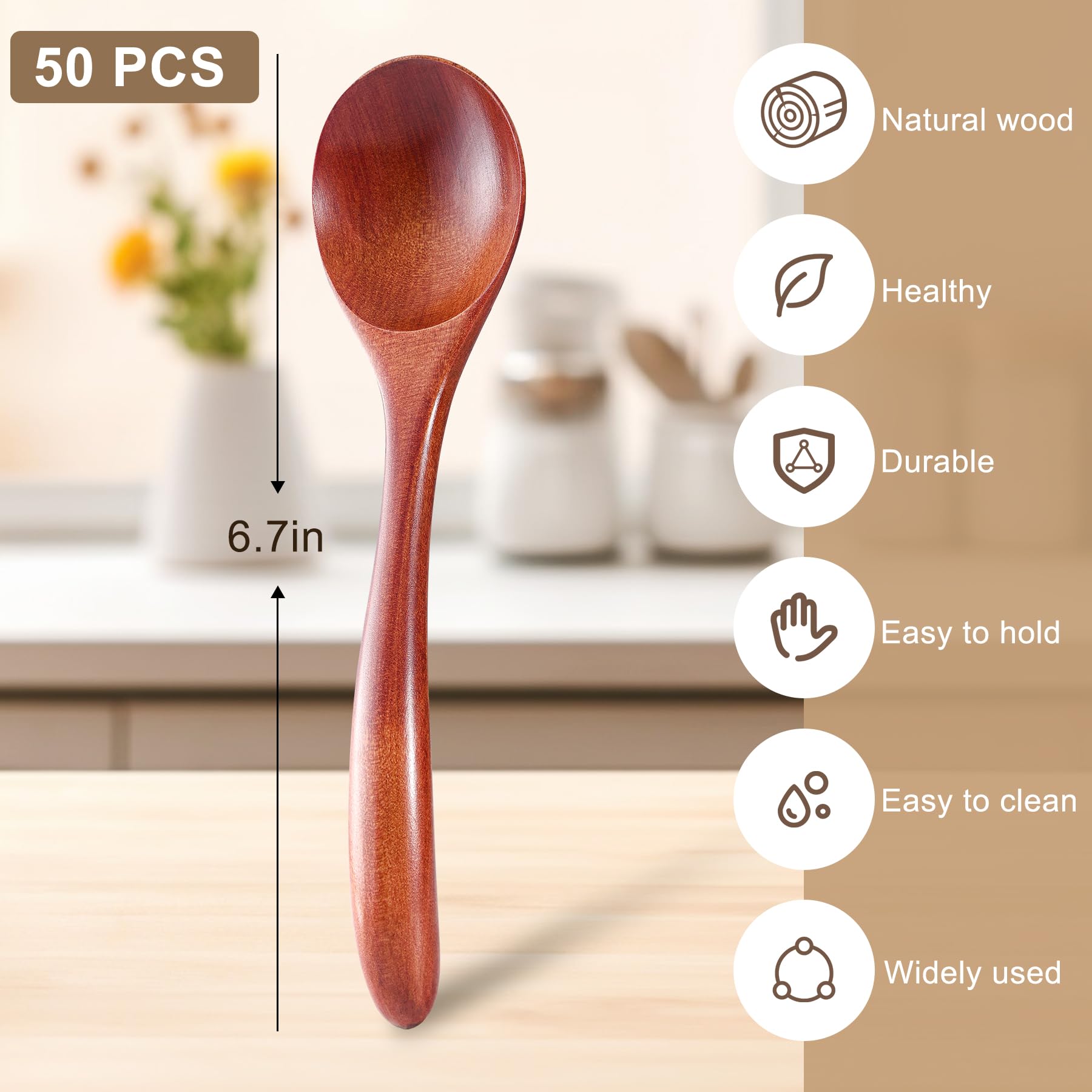 Kleine Holzlöffel, 17 cm, Suppenlöffel, Großpackung zum Essen mit Rühren und Schaufel, Kaffee, Honig, Tee, Marmelade, Salz, Küchenutensilien-Set, 50 Stück