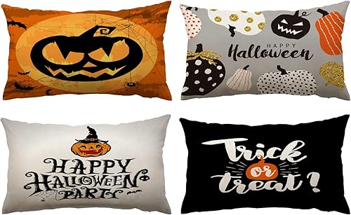 Miniatura 8 de Juego de 4 fundas de almohada de Halloween de 18 x 18 pulgadas, decoración de calabaza, fundas de almohada espeluznantes de fantasmas negros de