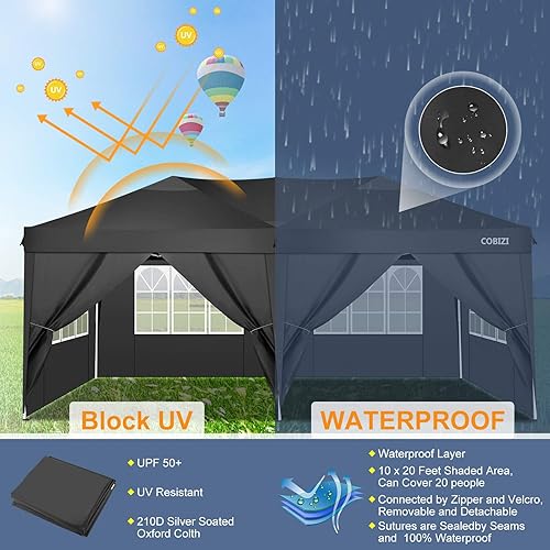 Miniatura 5 de COBIZI Toldo desplegable de 10 x 20 pies, tienda de campaña resistente con 6 paredes laterales y bolsa de transporte, tienda de campaña portátil