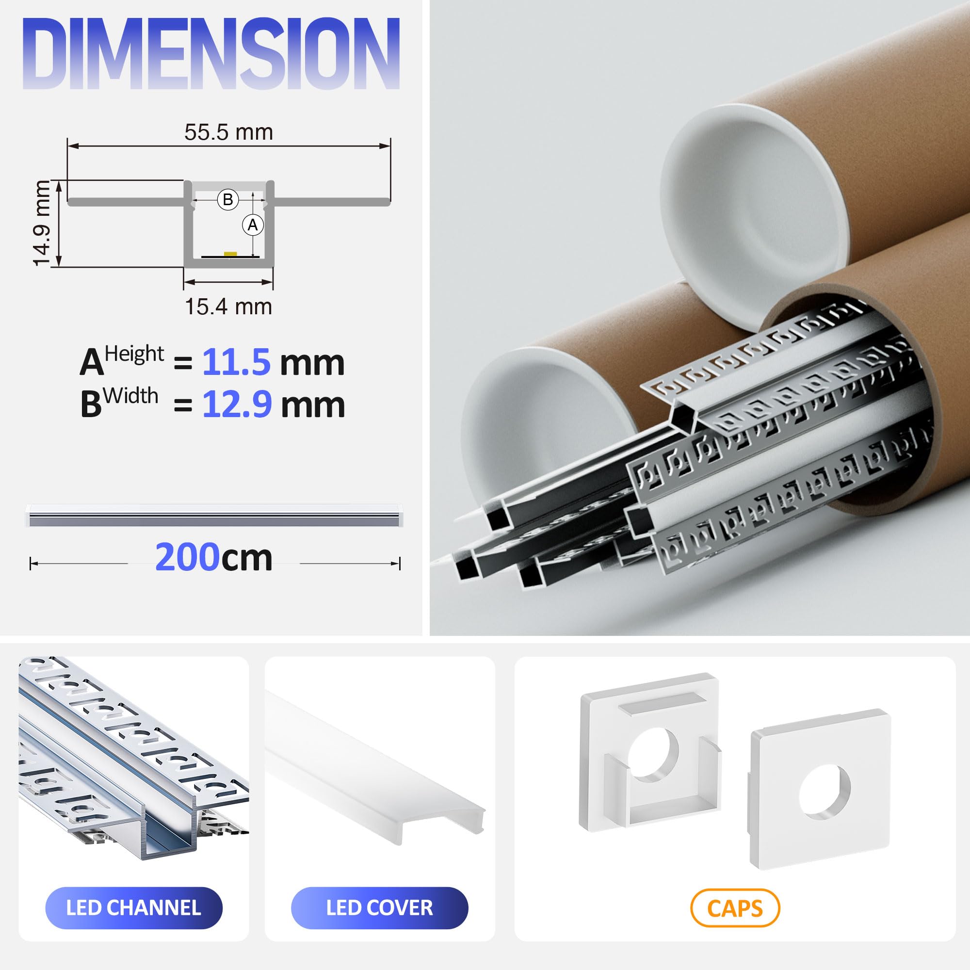 12 x profil LED do suchej zabudowy 2 m, szyna LED 2 m, profil aluminiowy, szyna podtynkowa i dyfuzor natynkowy do oświetlenia pośredniego sufitu