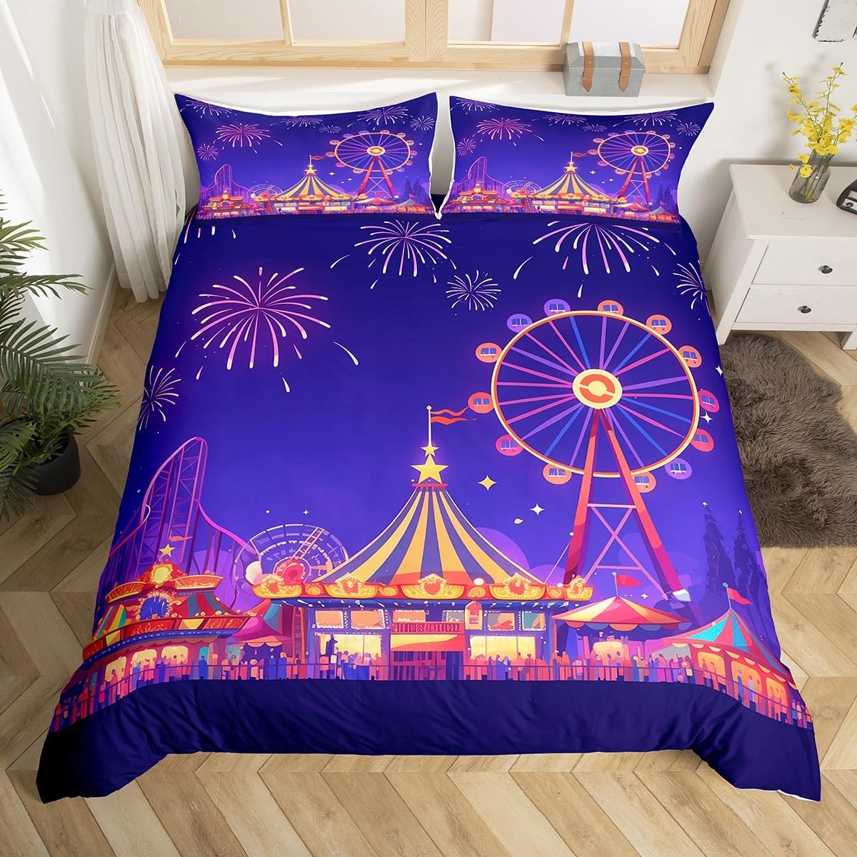 Erosebridal Kid Amusement Park Duvet Cover Circus Comforter Cover Fireworks Pattern Bedding Set Hot Air Balloon Bedspread Cover with Zipper Closure 1 Duvet Cover with 1 Pillow Case Twin Size