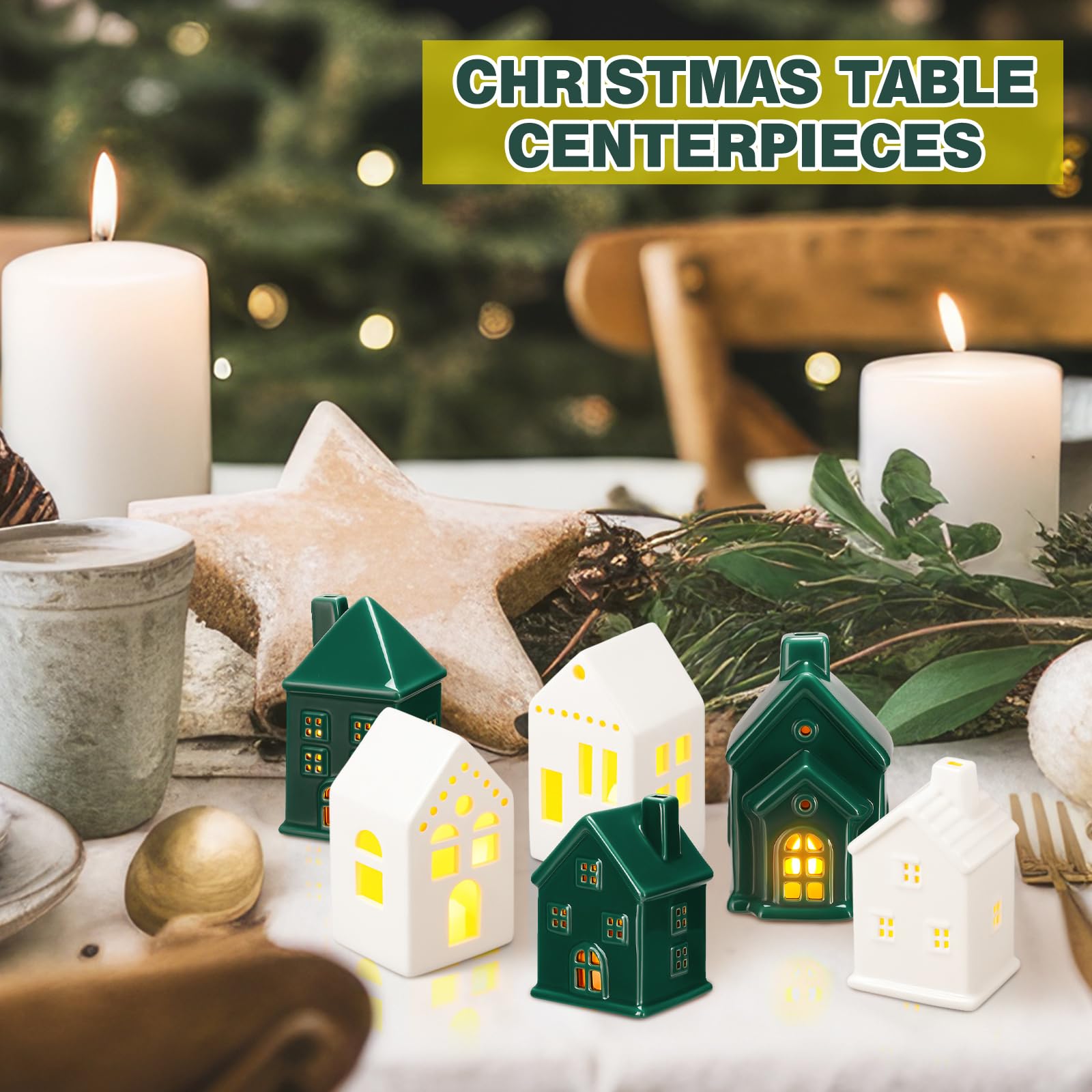 Vesici Weihnachtsdorf-Set, LED-beleuchtete Keramik-Dorfhäuser, Urlaub, Miniatur-Porzellan-Hausfiguren, Dekorationen für Zuhause, Tischplatte, Kaminregal, Dekoration (Grün und Weiß), 6 Stück