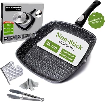 Chef Wonderful Non-Stick 28cm Griddle Pan for Induction Hob, Marble Coating & Detachable Handle. Aluminium Steak Pan for All Induction Hobs with Glove & Cloth. Suitable for Gas & Oven Grilling