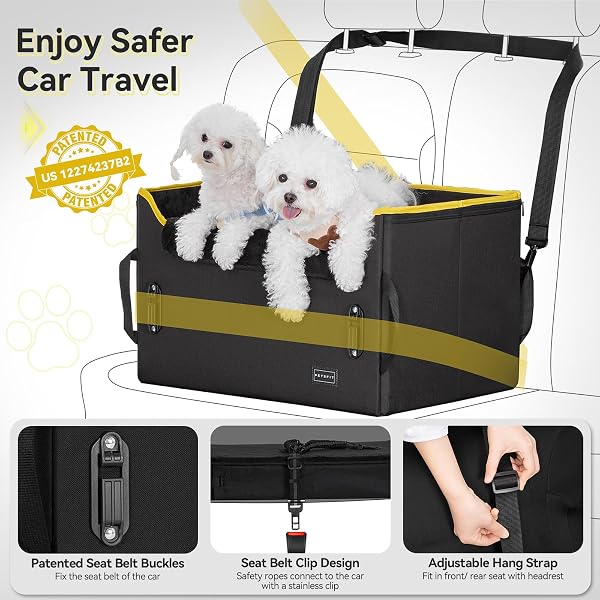 PETSFIT Dog Car Seat Medium Sized Dog with Safety Belt Attachment Buckles, Dog Booster Car Seat with Adjustable Height Pet Seat and Big Pockets for Pets Under 20 kg (Medium, Black) - 5