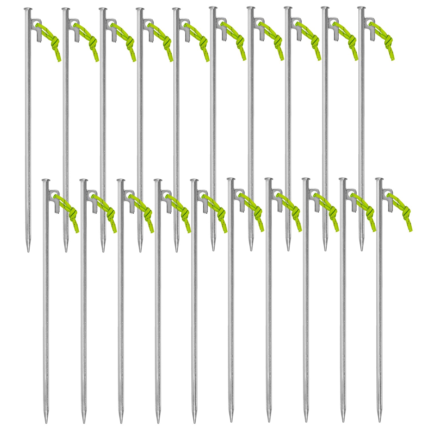 Śledź namiotowy 20 szt. 40 cm z hakiem P i fluorescencyjną linką napinającą – stabilny śledź z ocynkowanej stali, 9 mm Ø, do twardego podłoża, na kemping, do namiotów, pawilonów