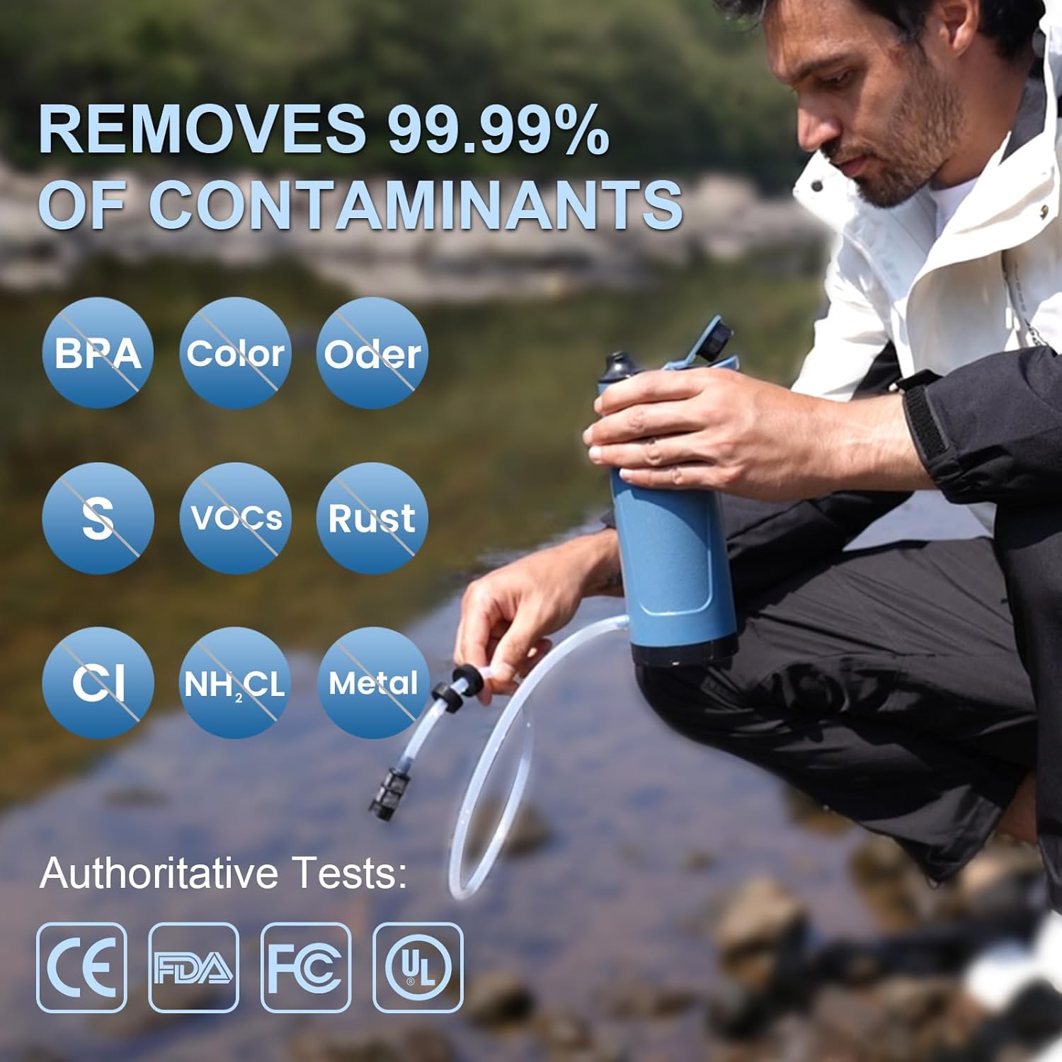 SurviMate Electric Water Purifier Survival,Portable Water Filter Bottle for Survival,0.01μm 22 Ounces with Emergency Lighting, NSF/ANSI 42&372 Certified,Bottle with Filter for Hiking, Camping, Travel