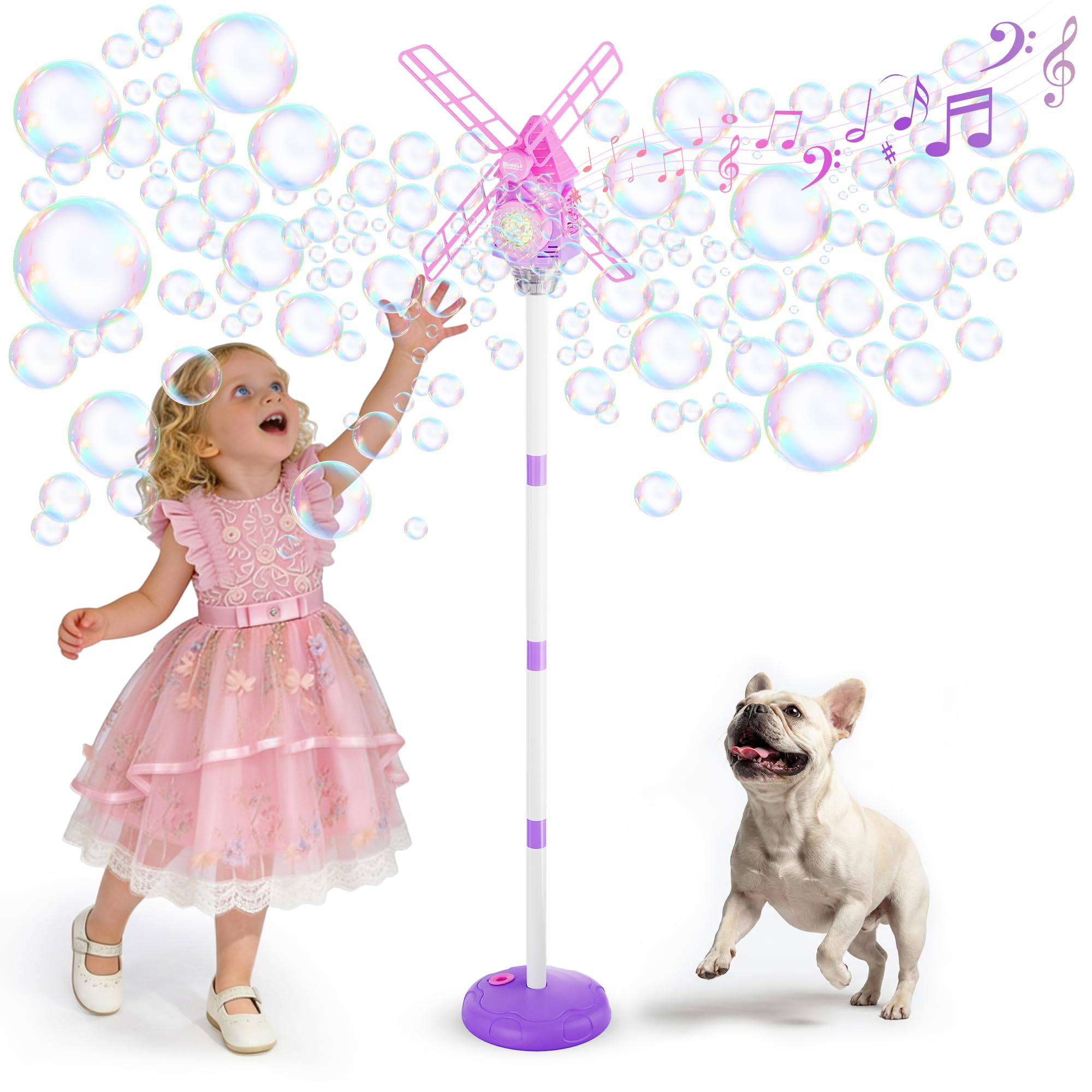 Belemar Windmill Bubble Machine for Kids, Standing Bubble Blower with Lights & Music, 51" Adjustable Height, 130ml Tank & Bubble Solution Included, Outdoor Garden Party Birthday Toy for Boys Girls