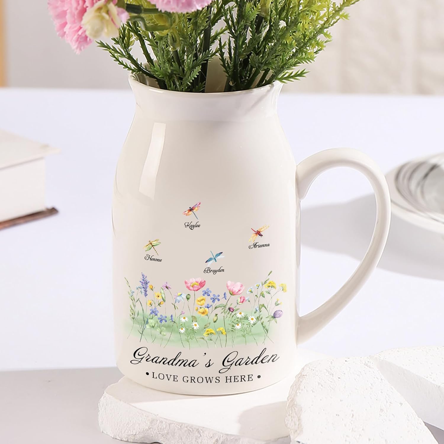 Personalized Flower Vase Small Ceramic Vase with Birth Month Flower Decorative Vases Home Decor Grandma's Garden Love Grows Here Mother's Day Birthday Gift for Mom, Wife, Grandma, Mama, Nana
