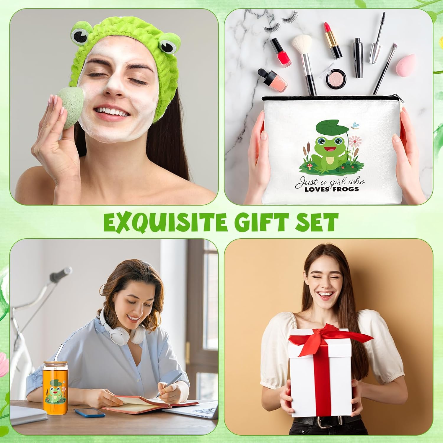 4 Pcs Frog Gifts for Women Set Include 16oz Glass Cup with Lid Straw Green Frog Eye Elastic Headband Cosmetic Bag Frog Cute Socks for Birthday Christmas - Image 6