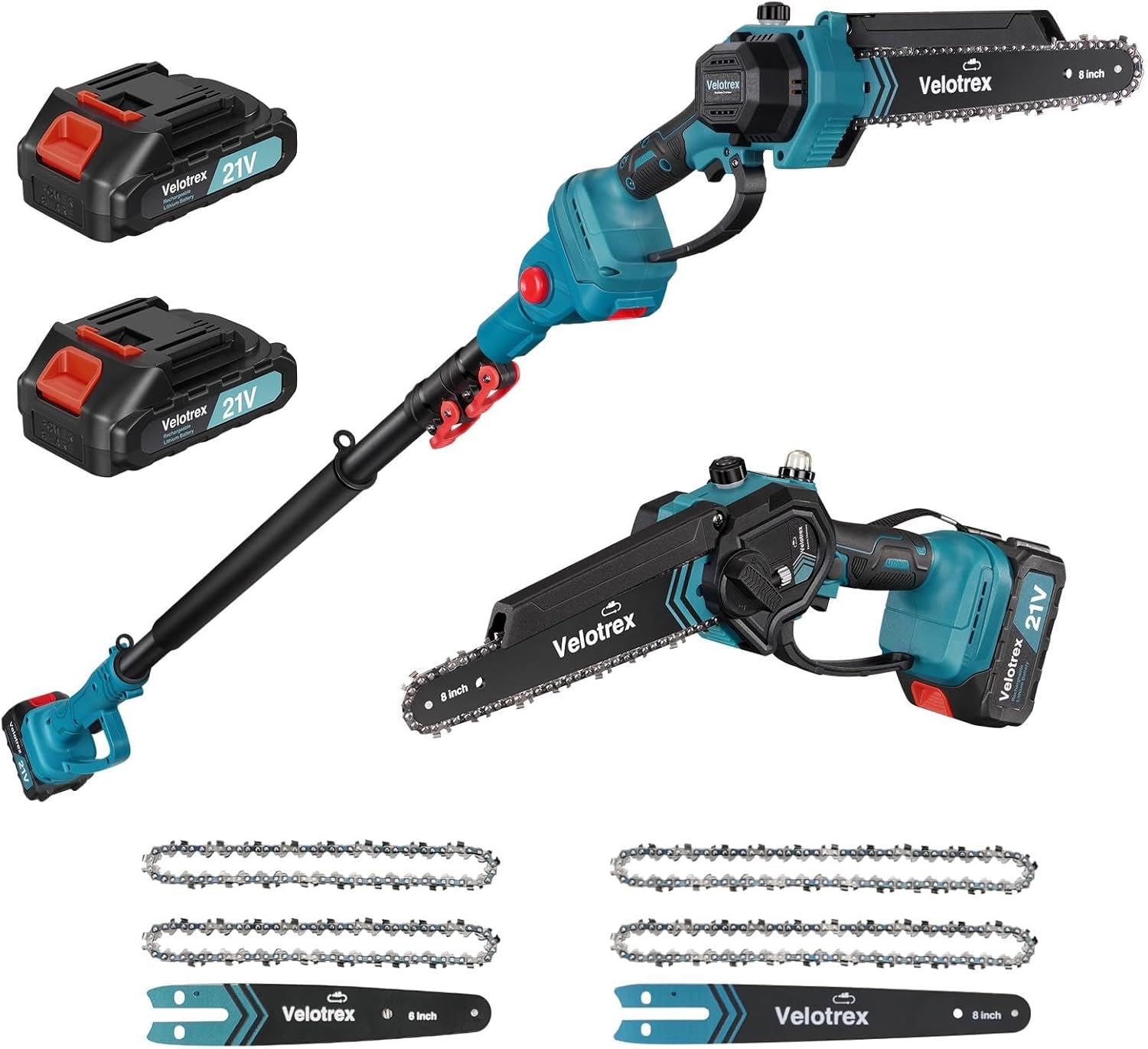 2-in-1 Electric Pole Saws for Tree Trimming, 6 and 8 Inch 1000W Brushless Cordless Pole Saw with 2 Batteries, 16ft Max Reach, Pole Chainsaw for Tree Limb Branch Wood Cutting