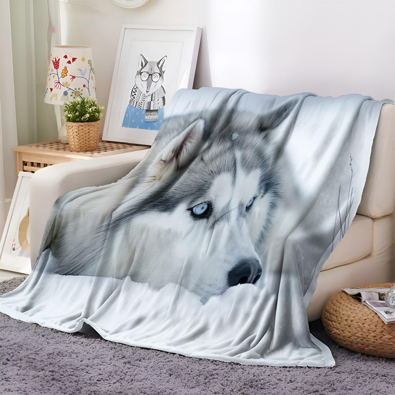 Générique Plaid Couverture Polaire Flanelle Husky des Neiges 180x220 cm Imprimé 3D Couverture de Canapé Jeté de Lit Couverture de Voyage Douce et Chaude pour Adulte et Enfants