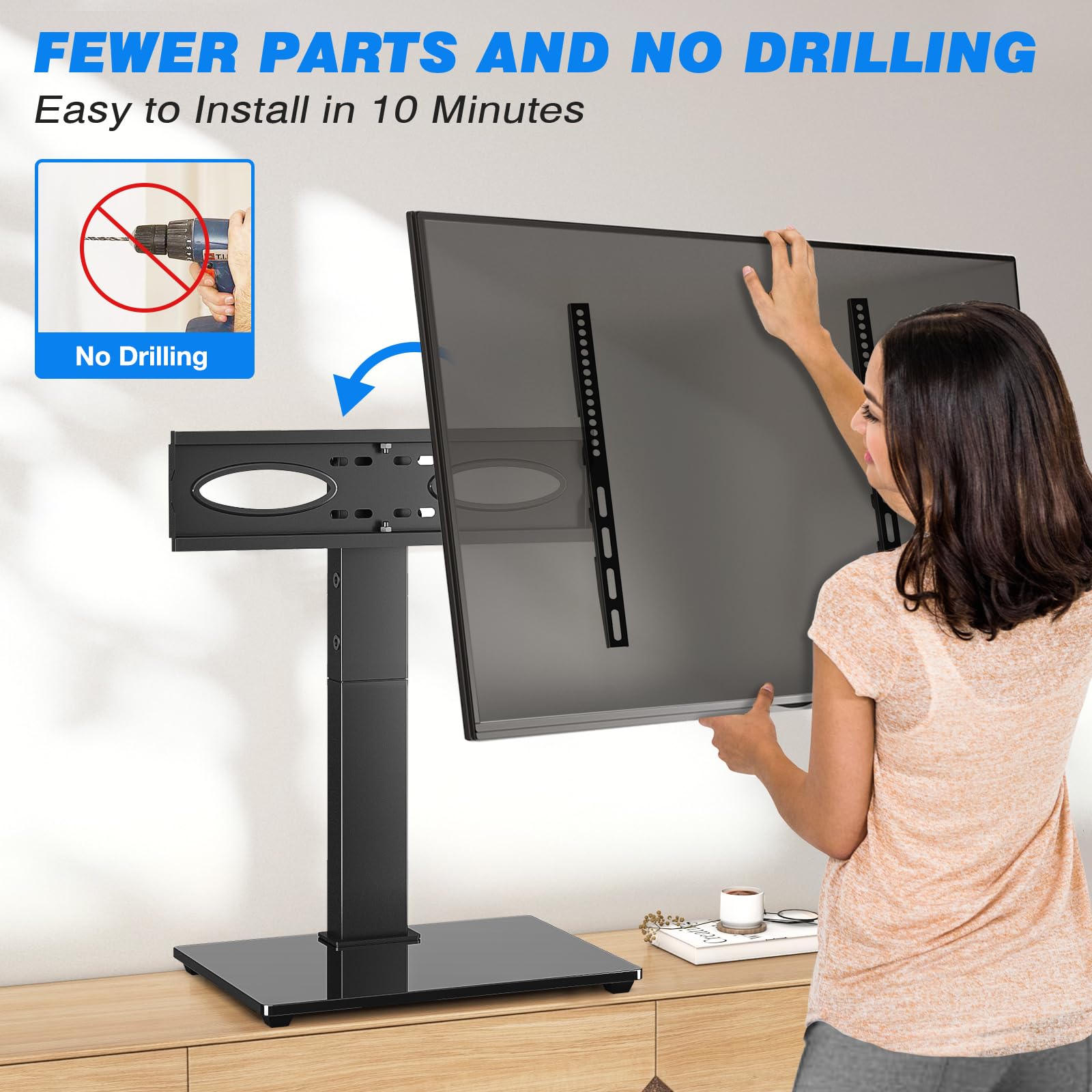 Soporte de Mesa para TV 5Rcom para TVs 32-70 Pulgadas, Carga 40KG, Base de Cristal Templado Altura Ajustable, Soporte Universal para Salón/Dormitorio, VESA Máx 400x400mm