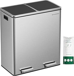 SONGMICS Dual Trash Garbage Can, 16 Gal (60L) Rubbish Bin and 15 Trash Bags, Metal Step Bin, with Dual Sections, Plastic I...