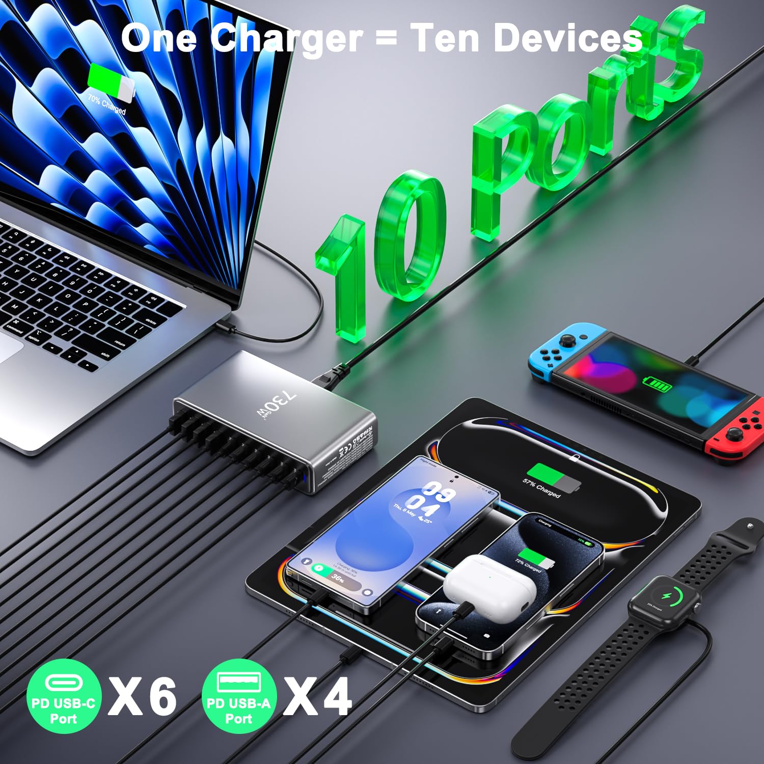 Cargador USB C 730W, Estación de Carga 10 Puertos, Cargador Rápido Adaptador Sector para Ordenador portátil 140W, Alimentación PD, Compatible con iPhone/Samsung/Google/Laptop/MacBook Pro/Air/DELL
