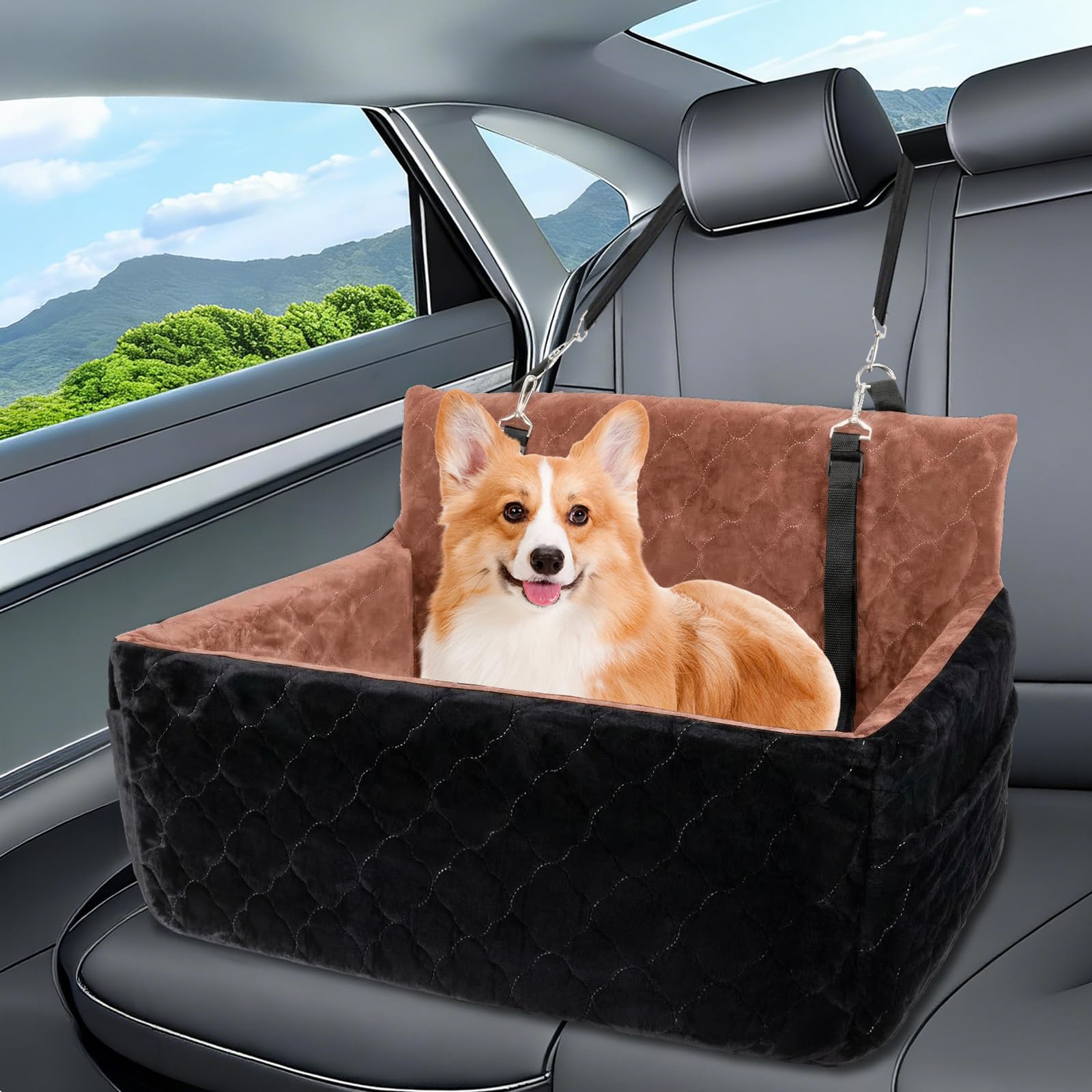 Hunde Autositz für mittlerer große Hunde, Abnehmbarer Hundesitz Auto bis zu 25kg mit 2 Sicherheitsleinen, Waschbarer Hundebett Auto für den Rücksitz,Braun+schwarz