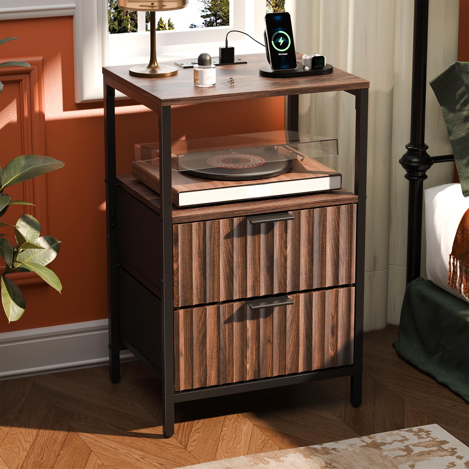 Bonnlo Bedside Table with Charging Station, Grille Nightstand with USB, Type-C and Plug, Small End Tables with 1 Shelf, 2 Fabric Drawers and Cabinet,38×30×60cm Bedside Cabinet (2, Dark Walnut)