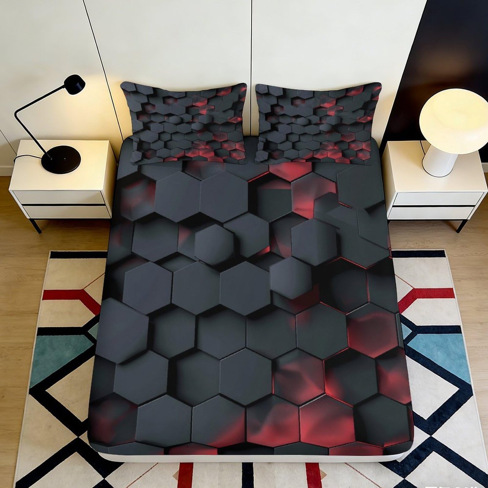 Pnayamiorkfel Style-1 3D Printed Black Hexagon Fitted Sheet Microfiber Geometric Red Pattern Mattress Cover For Bedroom Decor 90X200x25cm