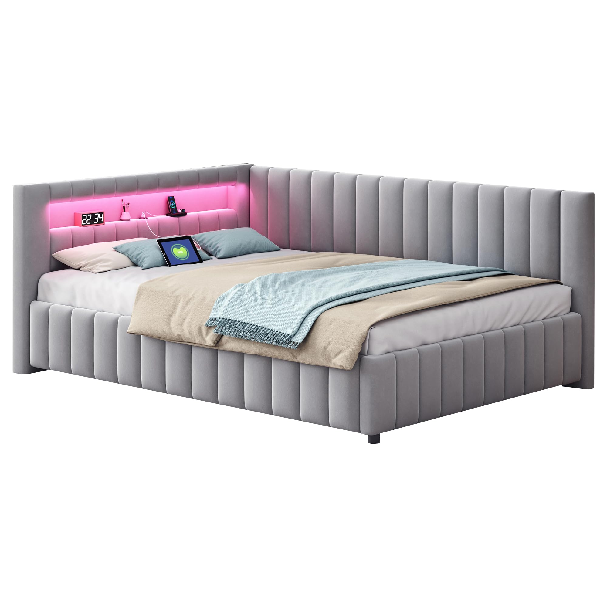 Kayan Polsterbett 140x200 mit LED und USB-Anschluss, Daybett Tagesbett Schlafsofa mit Lattenrost aus Holz, Sofabett Gästebett Jugendbett aus Samtstoff, Ohne Matratze (Grau)