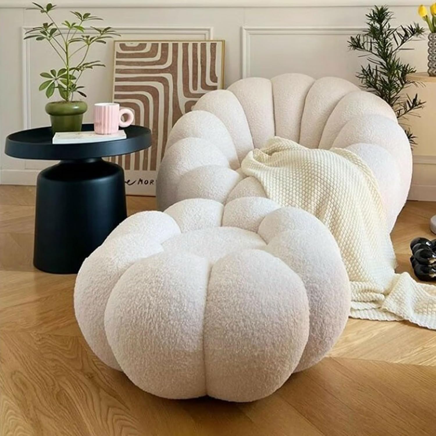 Accent Chair for Living Room | Pumpkin Lounge Chair in Boucle Fabric | Modern Single Seater Sofa Chair with High Density Foam | (Cream, One Seater with Ottoman)-picture-16