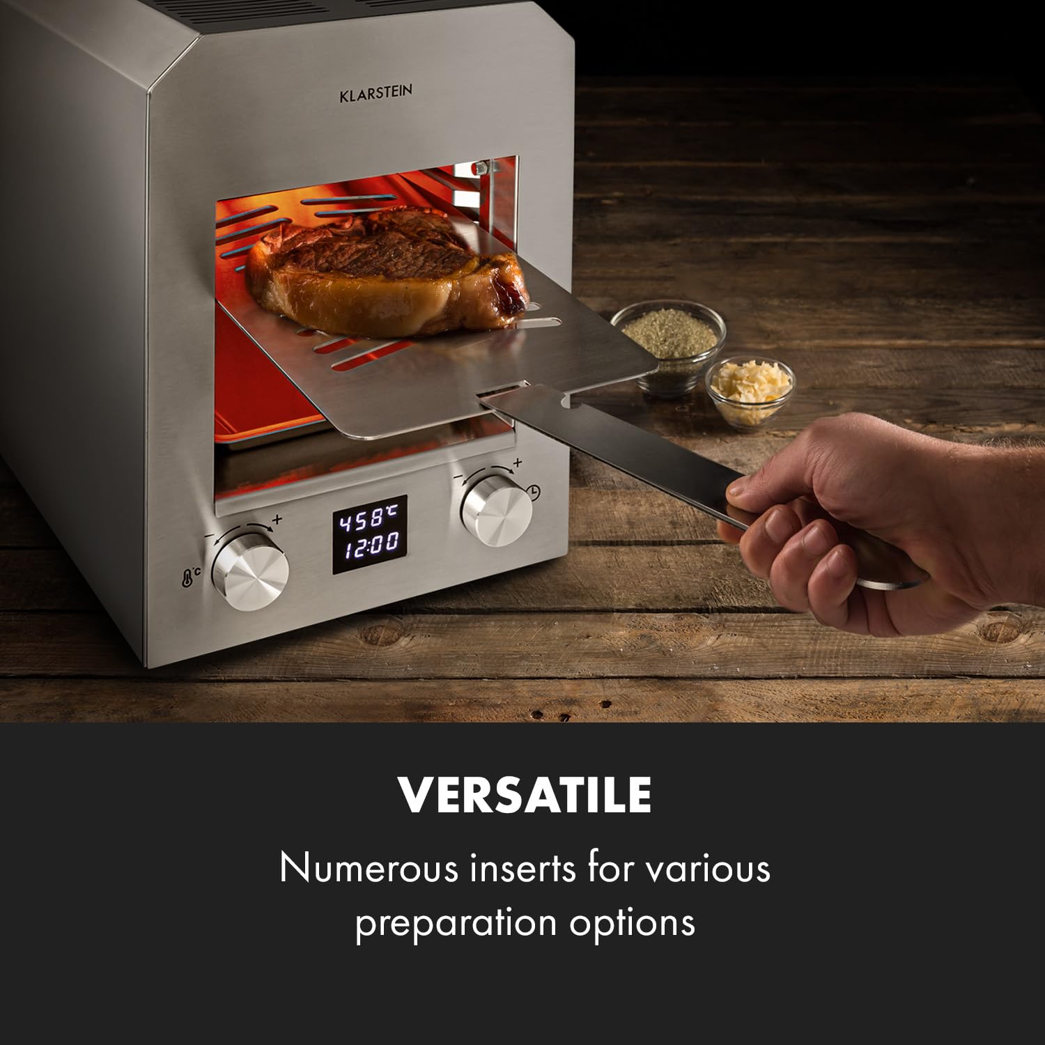 Klarstein Hannibal - Parrilla alta temperatura interior, Potencia: 2.200 W, Temperatura: 200-850 °C, Elemento infrarrojo, CharForce System, Superficie: 18,5 x 30 cm, Display LED, Temporizador, plata