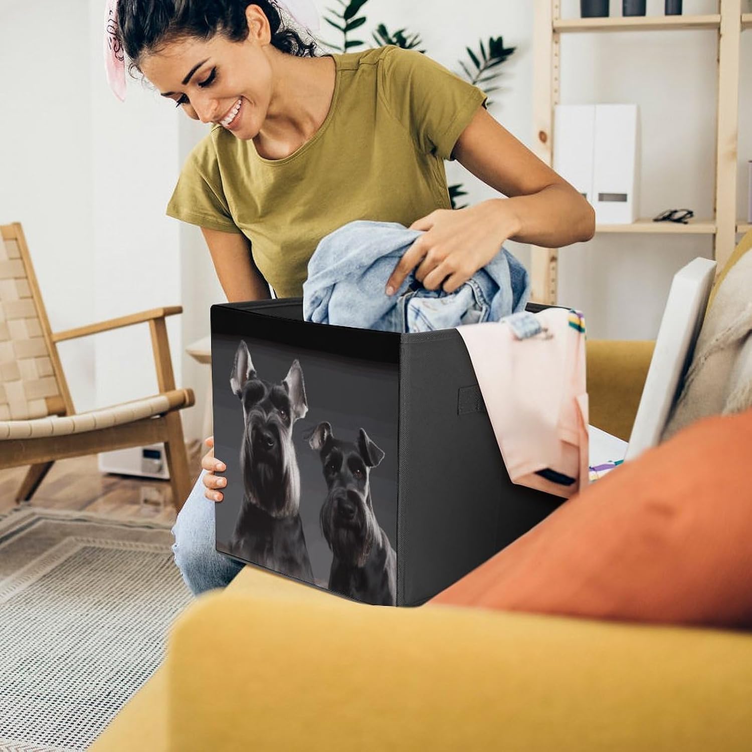Folding Storage Bins Oxford Fabric Clothes Storage Boxes with Handles | Cute Schnauzer Dog Cube Organizer, Easy to Store, Multi Functional Cube Storage Organizer for Office Bedroom