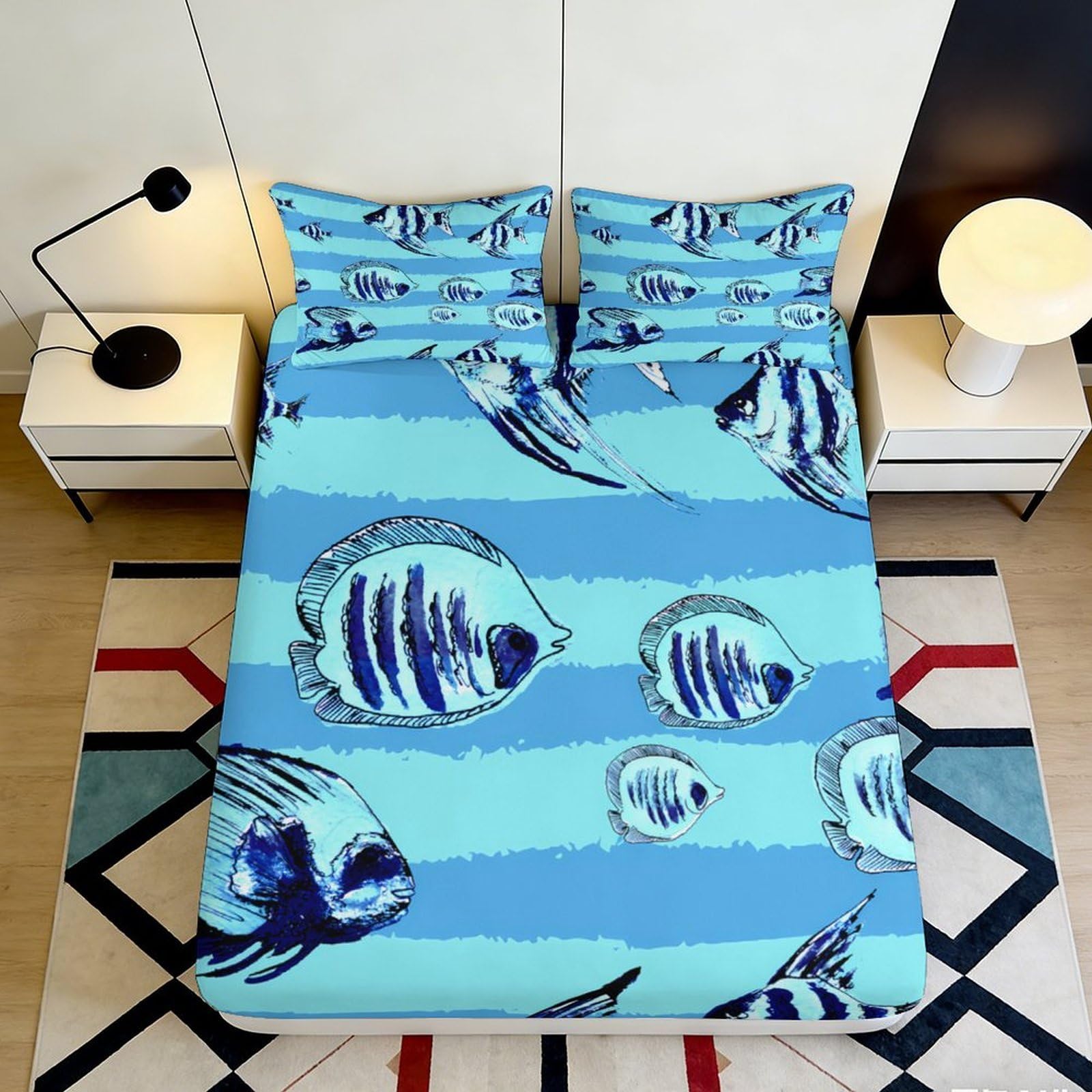 3D Printed Ocean Fish Fitted Sheet Microfiber Deep Pocket Bedroom Bedding Non-Slip Full Wrap Fish Mattress Fitted Cover Washable 200x200x25cm 90x200x25cm