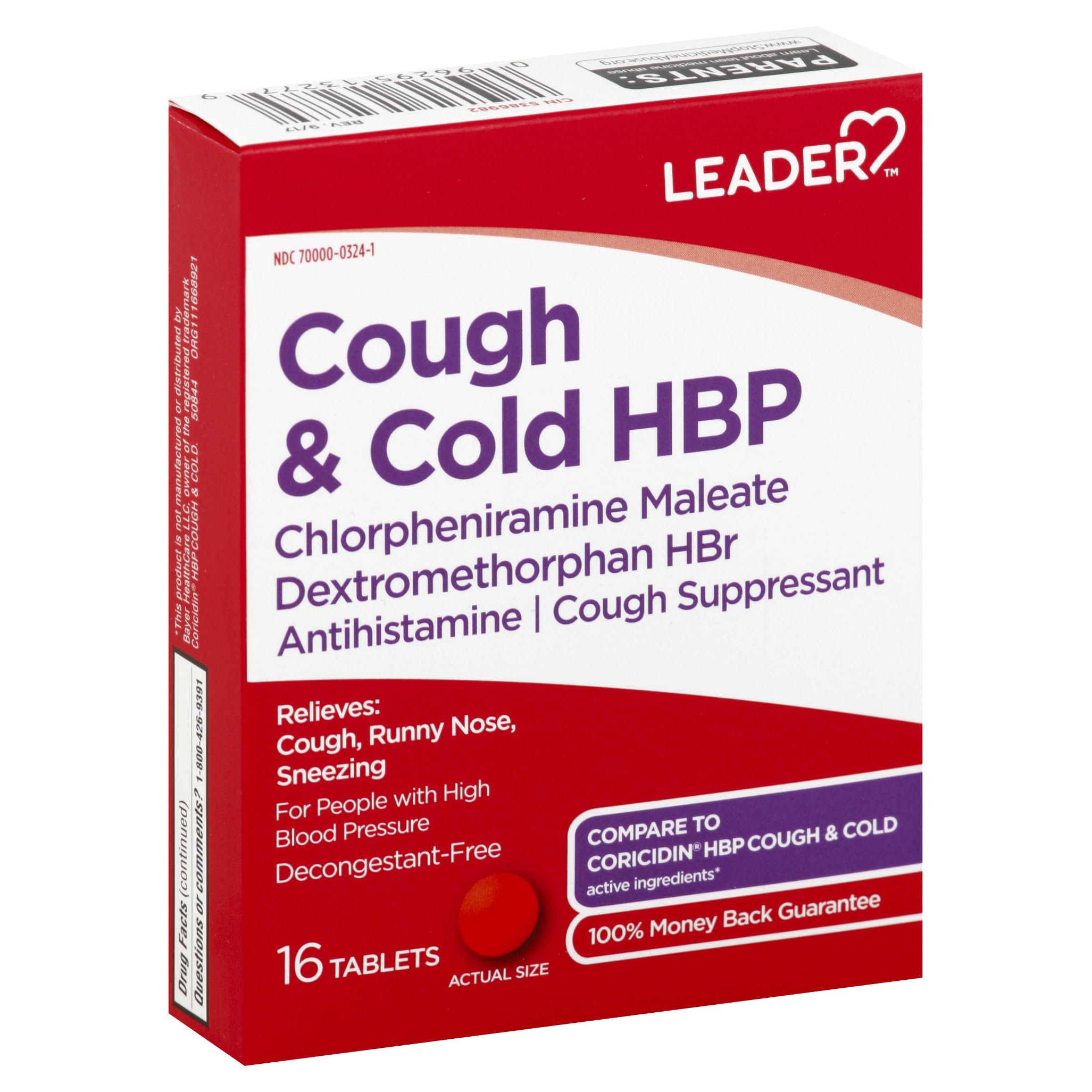 Leader Cough and Cold HBP Medicine, Decongestant-Free Antihistamine, Cough Suppressant - Relieves Cough, Runny Nose, Sneezing and Cold Symptoms for People with High Blood Pressure, 16 Tablets, 1 Pack