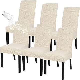 SearchI Waterproof Dining Room Chair Covers Set of 6, Stretch Jacquard Parsons Chair Slipcovers Removable Washable Kitchen Chair Protector for Dining Room, Hotel, Banquet(Beige Leaf)