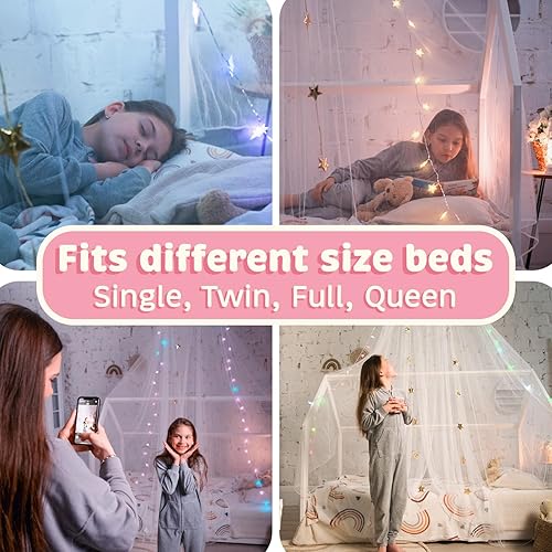 Miniatura 7 de Bollepo Toldo de cama amarillo y blanco para niñas con unicornios + estrellas brillantes, decoración de habitación de red de cuna de princesa |