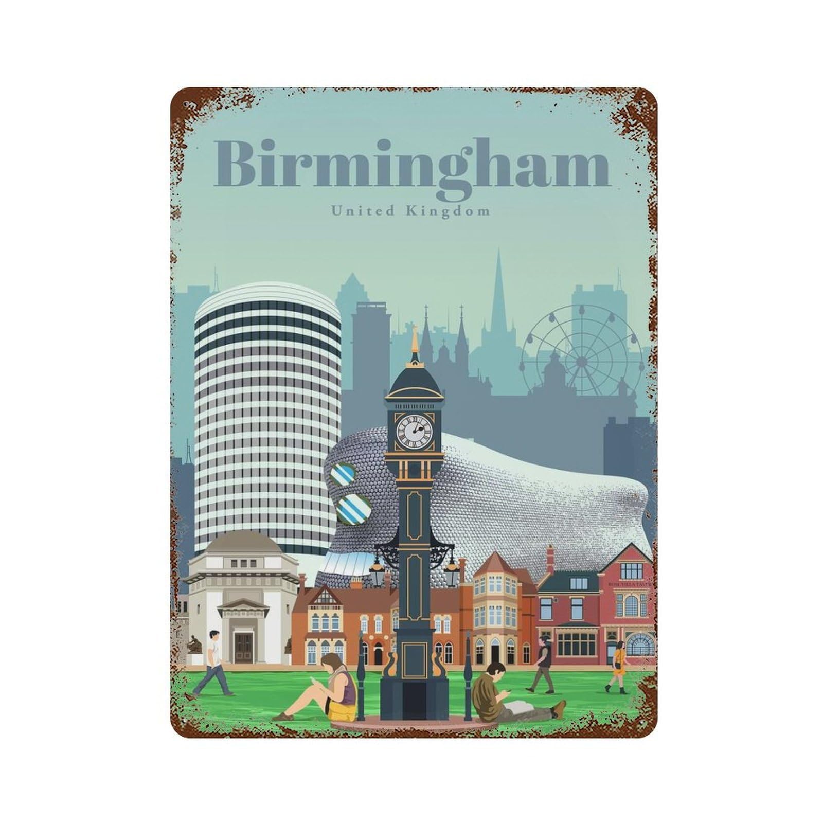 Travel to Birmingham Vintage Wall Sign 15.7"x11.8", Rust Effect Metal Decor for Office, Studio And Wall Decor