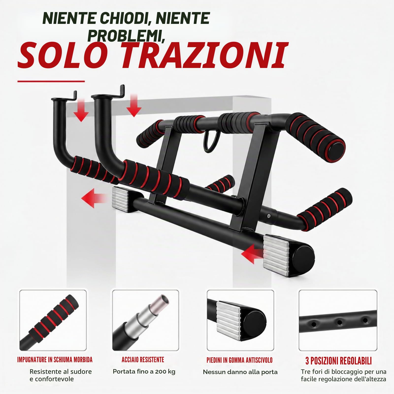 Barra per Trazioni da Porta Senza Installazione, Pull Up Bar | 8 Impugnature Regolabile, Sbarra Trazioni Palestra in Casa (59-92cm)