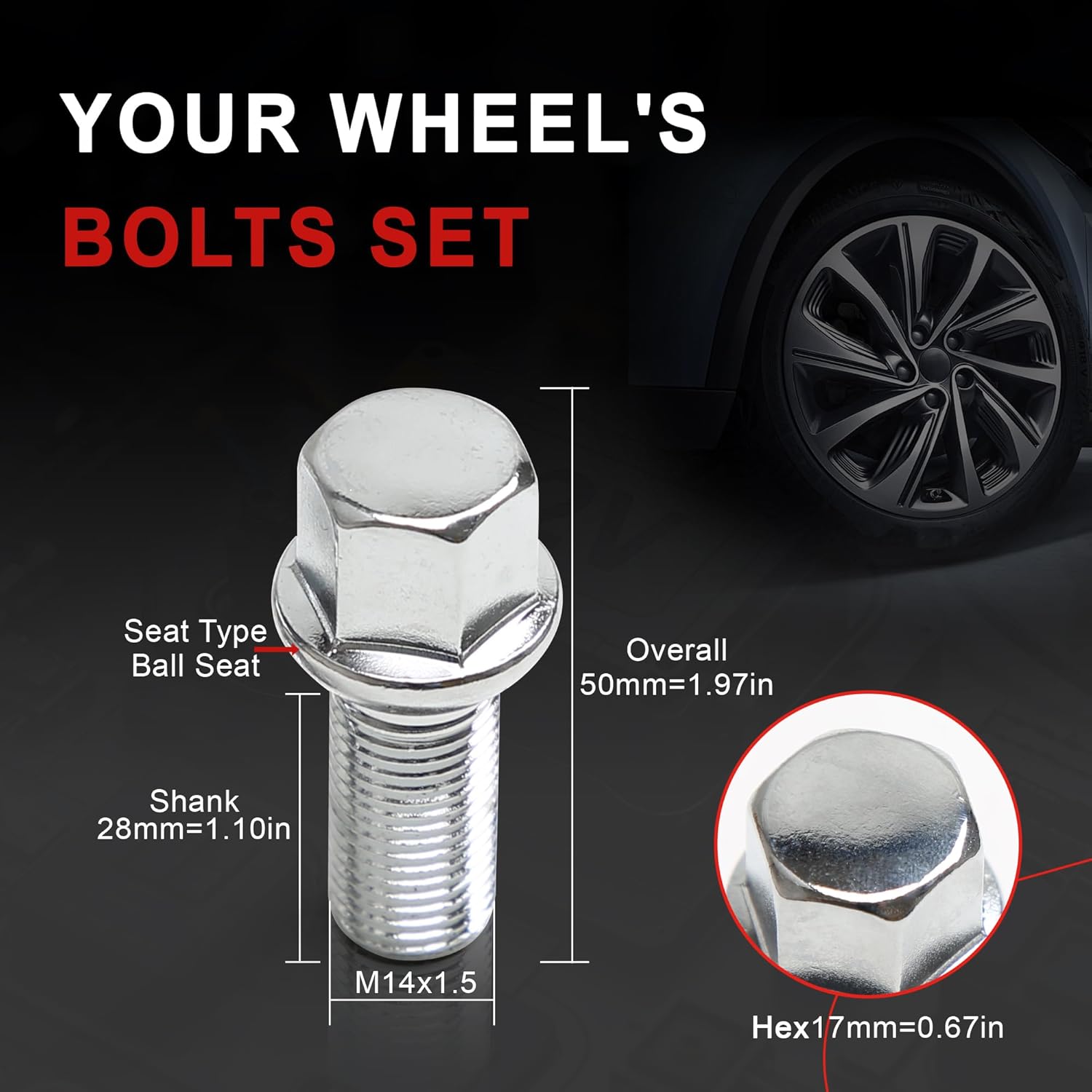 M14x1.5 Thread Wheel Bolts Aftermarket Lug Stud Compatible with Audi A2 A3 A4 A5 A6 A7 VW Golf Jetta Tiguan Benz Shank 28mm/Hex 17mm/Overtall 50mm/Ball Seat/Wheel Spacer(Shank 28mm Chrome)