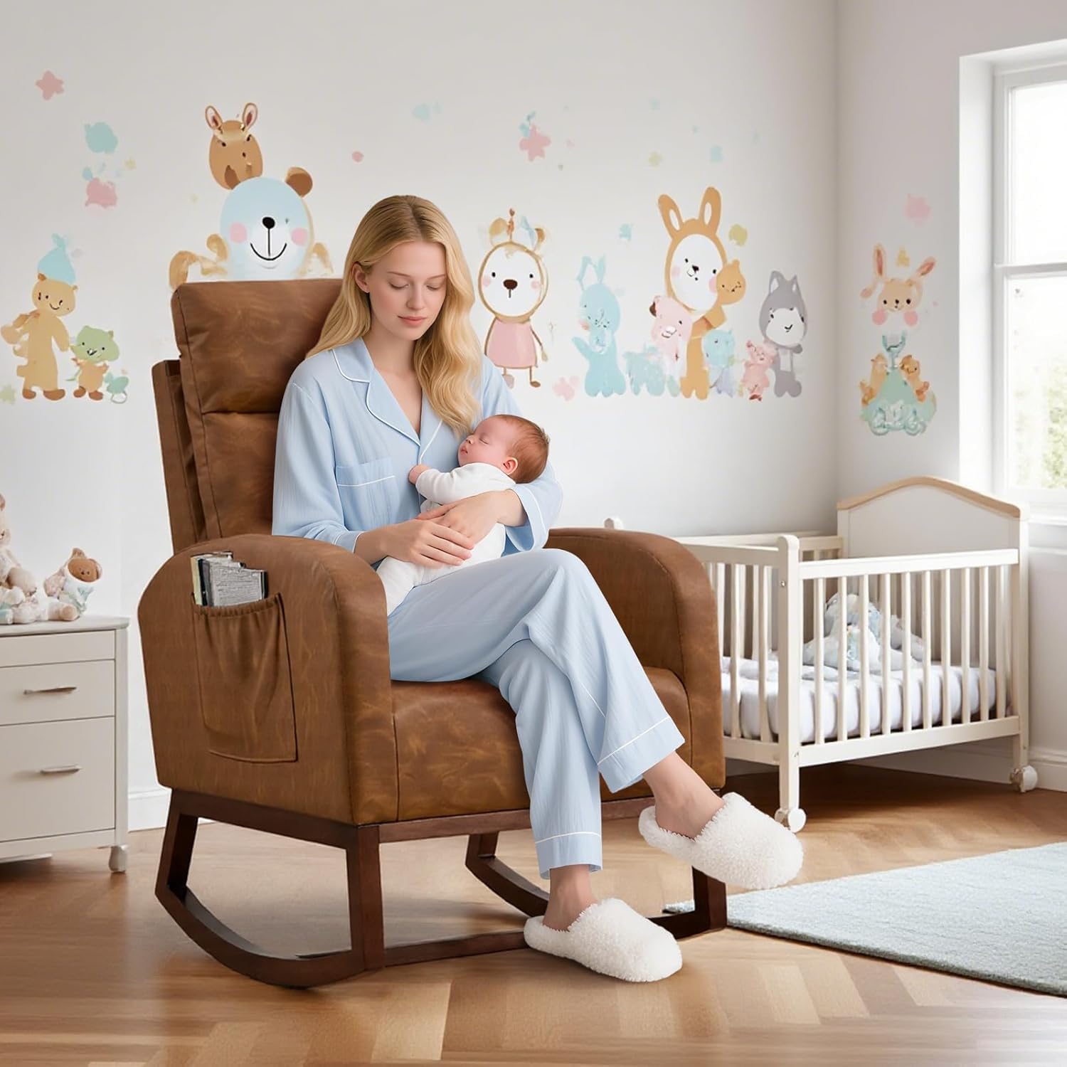 Modern Nursery Chair,Rocking Chair with High Backrest Armchair,PU Glider Accent Reading Chairs Padded Seat for Living Room,Bedroom,Brown