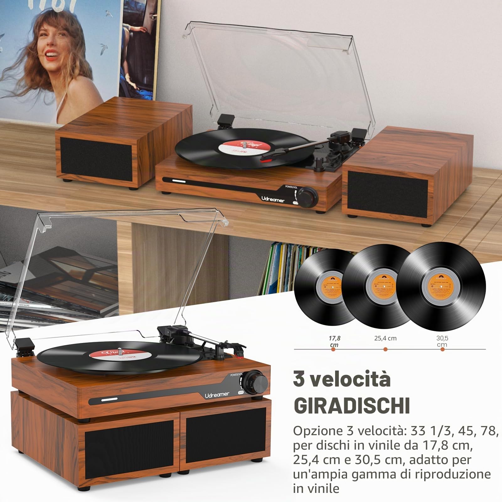 Udreamer Giradischi Vintage Bluetooth 5.3 con 2 Altoparlanti Stereo, 3 Velocità, AUX-in, RCA, USB, Marrone