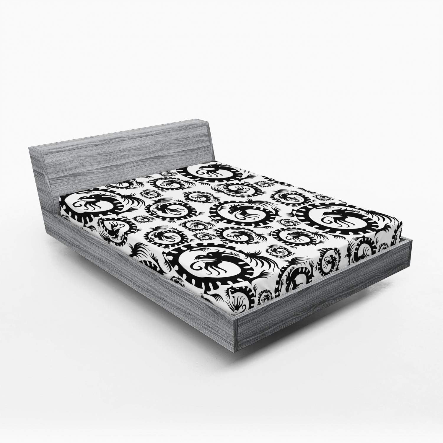 Ambesonne Dragon Fitted Sheet, Antique Art Chinese Dragon Pattern Design Vintage Illustration Retro Print, Bed Cover with All-Round Elastic Deep Pocket for Comfort, Queen Size, Black and White