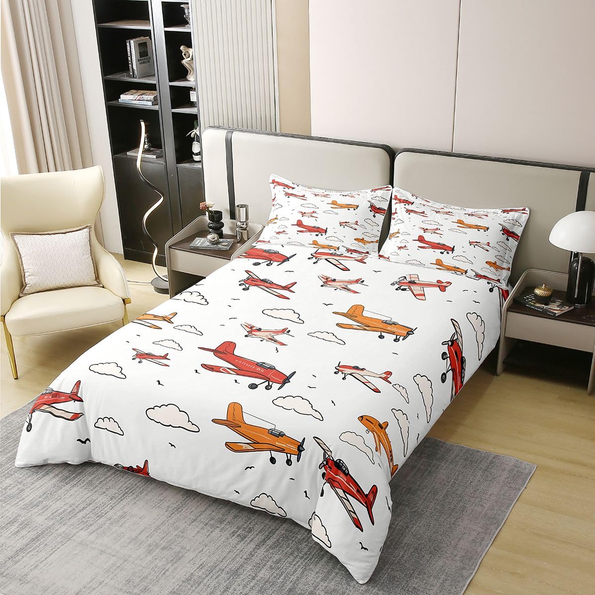 Homewish Kreskówka samolot dzieci zestawy pościeli king czerwony pomarańczowy samolot nadruk bawełna poszewka na kołdrę samolot chmury poszewka na kołdrę dla nastolatków chłopców dziewcząt, samolot