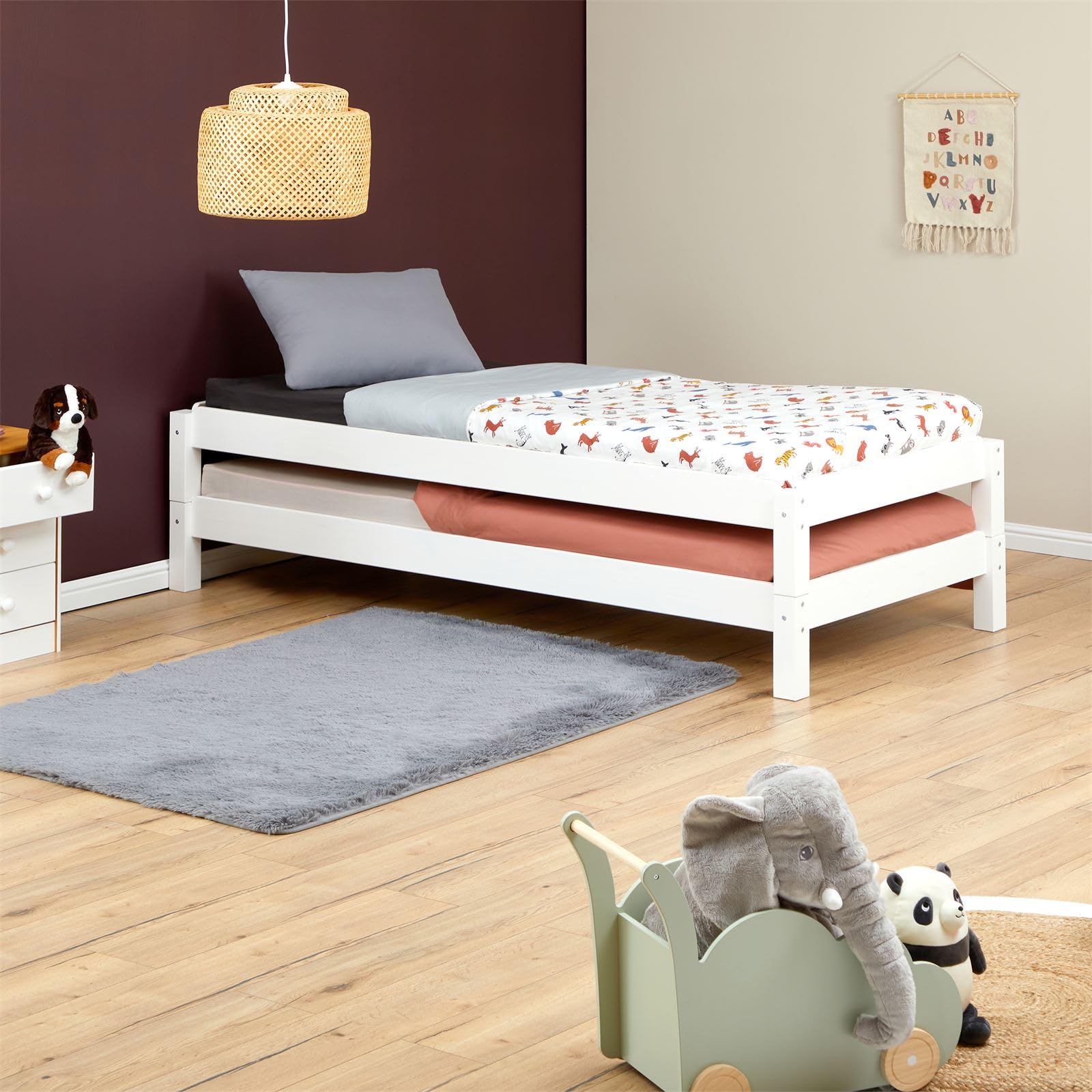IDIMEX Hoogslaper Erik kinderbed speelbed stapelbed houten bed, gordijn en tunnel met motief