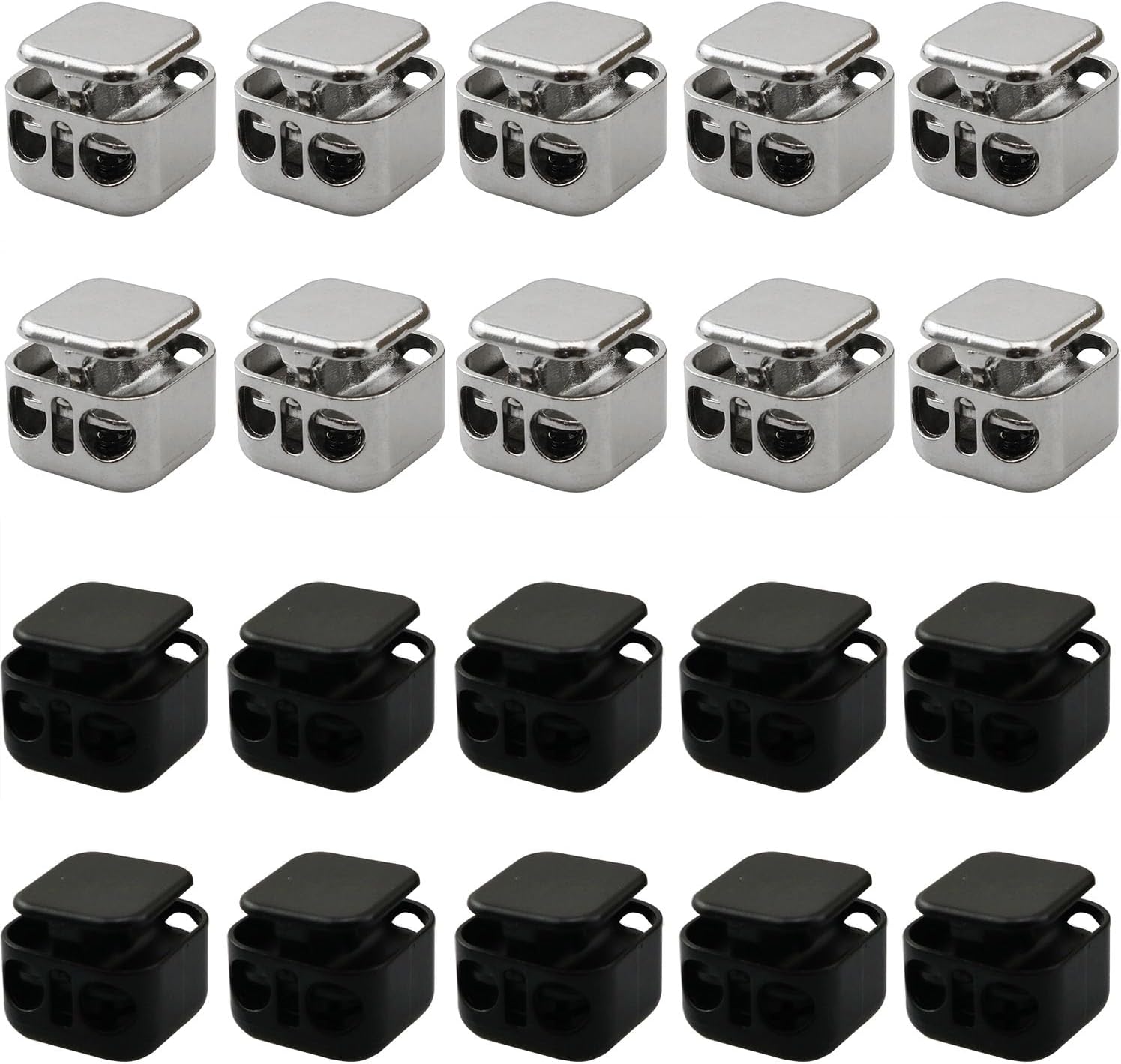 CHENJIN 20PCS 15x14mm Square Double Hole Spring Cord Stoppers Ten Black and Ten Silver Down Jacket Hem Drawstring Stoppers Metal Pig Nose Buckles For Shoelaces Hoodies Paracord