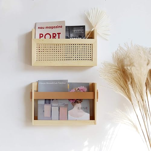 Miniatura 4 de FIRADE - Revistero montado en la pared con correa de piel sintética, revistero de madera, organizador de archivos para entrada, oficina, sala de