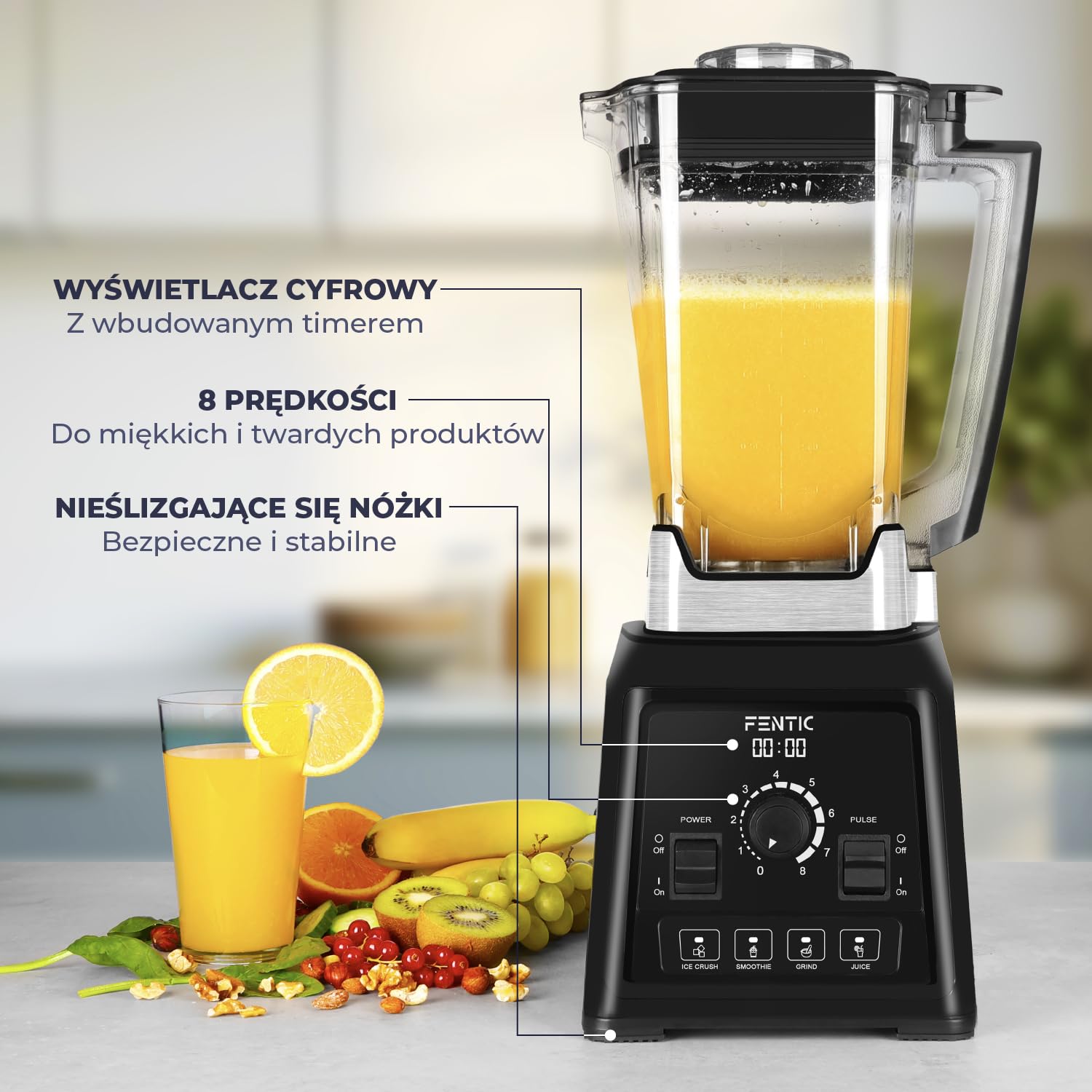 Blender – 2000W – Mocny Mikser – 2 Litry – Blender do Smoothie z 8 Prędkościami i 4 Programami – Mikser do Kruszenia Lodu