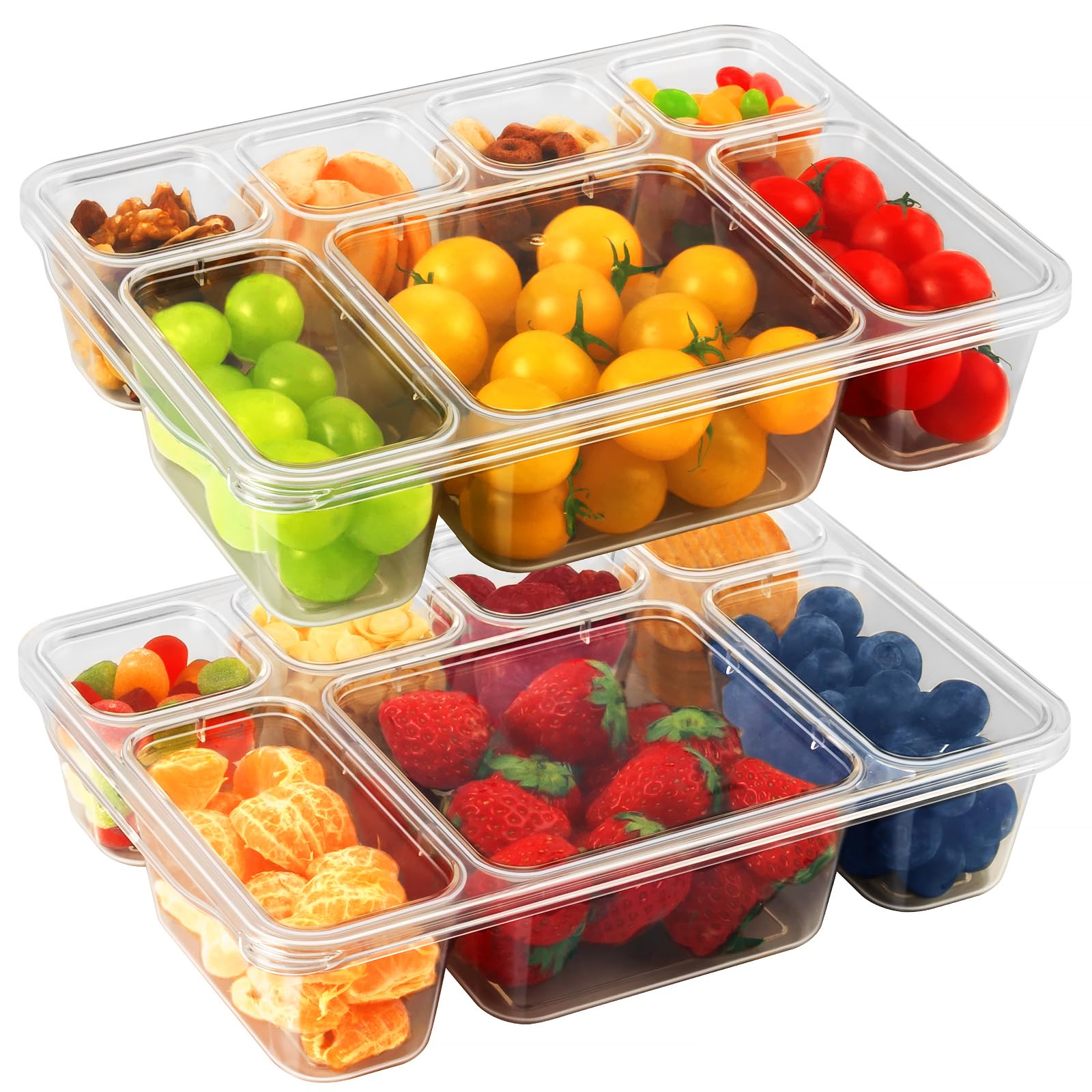 Freshmage Snackle Box Container - 2 Pack, 7 Compartment Divided Serving Tray with Lid, Portable Clear Snack Box Containers for Candy, Fruits, Nuts,
