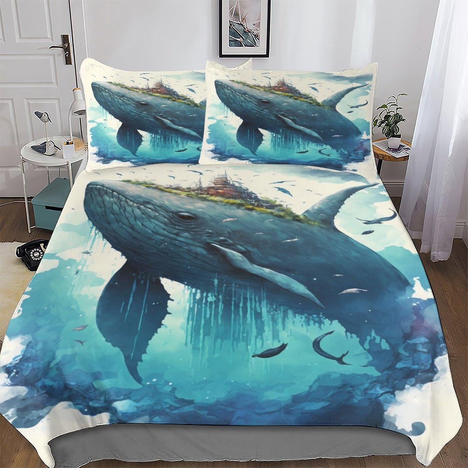 Whale Bedding Set Duvet Cover with Pillowcase Soft Microfiber Quilt Cover 3D Print Design Comforter Cover 3 Pieces For Boys, Girls And Teenagers Double (200x200cm)