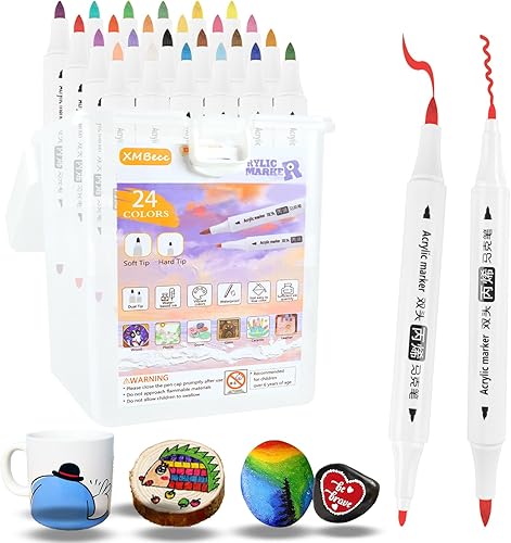 Bolígrafos de pintura acrílica de 24 colores con caja de almacenamiento, marcadores de pintura de doble punta con punta fina y pincel, marcadores de