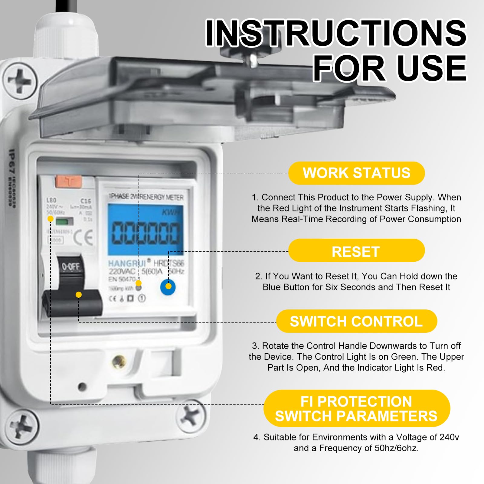 Compteur Electrique Numérique Mobile: 220v Compteur D'énergie Numérique Mobile Avec Prise Schuko, Fonction Mémoire De Coupure De Courant, Mobiles Extérieur Kwh Wattmetre Prise Pour Appareils